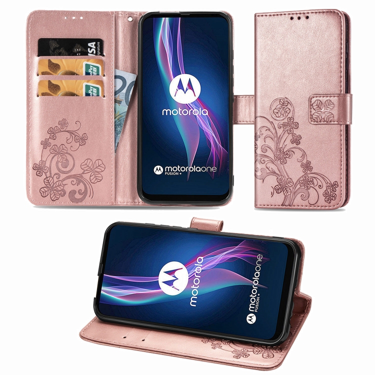 

For Motorola One Fusion Plus Four-leaf Clasp Embossed Buckle Mobile Phone Protection Leather Case with Lanyard & Card Slot & Wallet & Bracket Function(Rose Gold)