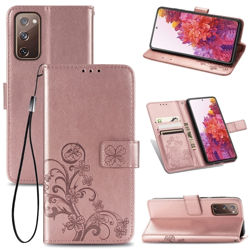 

For Galaxy S20 FE / S20 Lite Four-leaf Clasp Embossed Buckle Mobile Phone Protection Leather Case with Lanyard & Card Slot & Wallet & Bracket Function(Rose Gold)