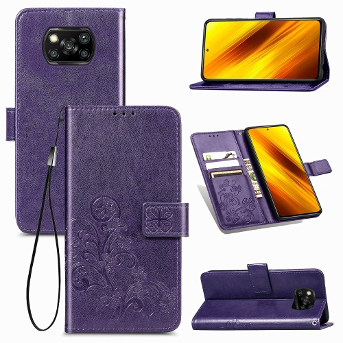 

For Xiaomi Poco X3 NFC Four-leaf Clasp Embossed Buckle Mobile Phone Protection Leather Case with Lanyard & Card Slot & Wallet & Bracket Function(Purple)