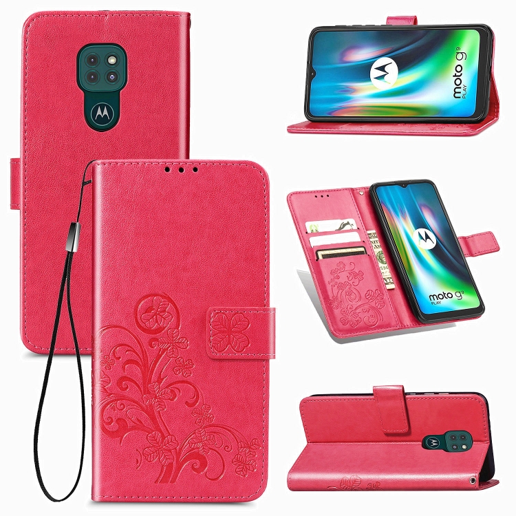 

For Motorola Moto G9 Play Four-leaf Clasp Embossed Buckle Mobile Phone Protection Leather Case with Lanyard & Card Slot & Wallet & Bracket Function(Magenta)