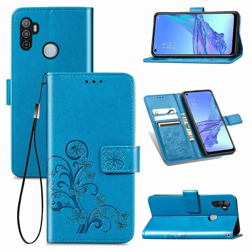 

For Oppo A53 2020 Four-leaf Clasp Embossed Buckle Mobile Phone Protection Leather Case with Lanyard & Card Slot & Wallet & Bracket Function(Blue)