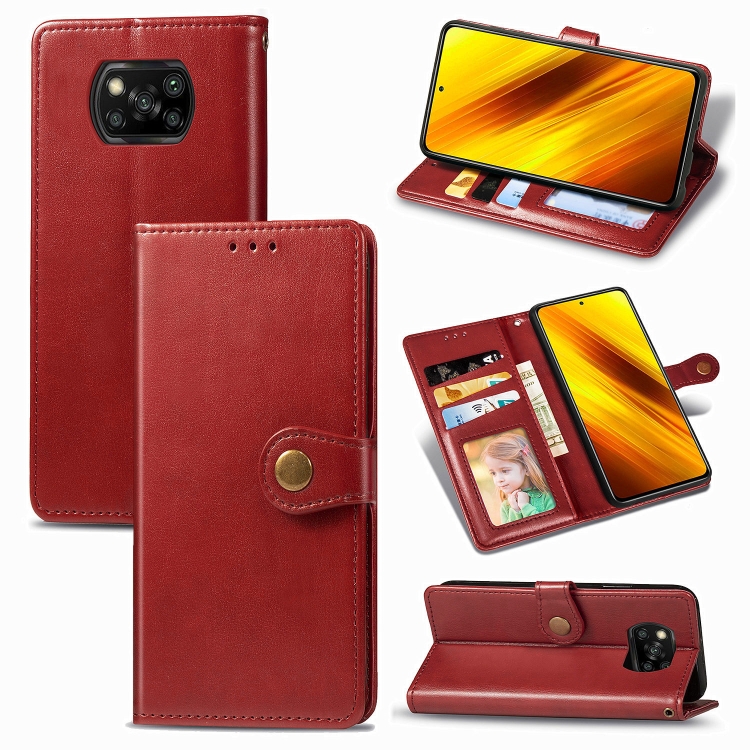 

For Xiaomi Poco X3 NFC Retro Solid Color Leather Buckle Phone Case with Lanyard & Photo Frame & Card Slot & Wallet & Stand Function(Red)