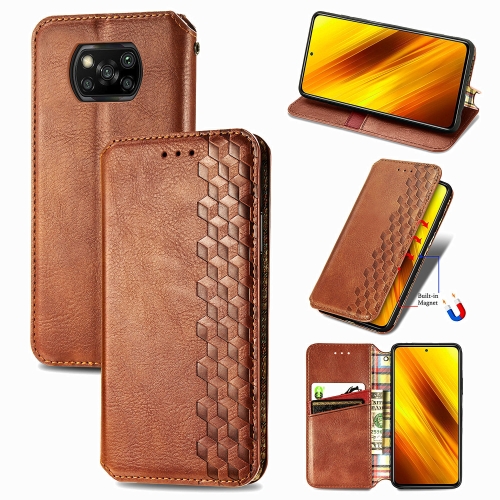 

For Xiaomi Poco X3 NFC Cubic Grid Pressed Horizontal Flip Magnetic PU Leather Case with Holder & Card Slots & Wallet(Brown)