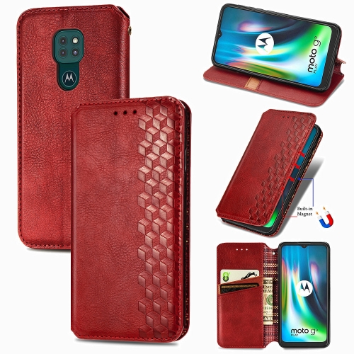

For Motorola Moto G9 Play Cubic Grid Pressed Horizontal Flip Magnetic PU Leather Case with Holder & Card Slots & Wallet(Red)