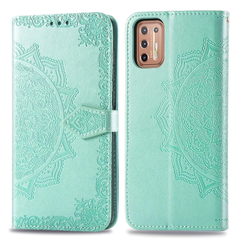 

For Motorola Moto G9 Plus Embossed Mandala Pattern TPU + PU Horizontal Flip Leather Case with Holder & Three Card Slots & Wallet(Green)