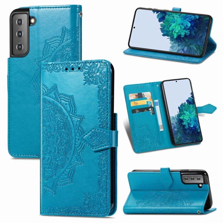 

For Samsung Galaxy S21 5G Mandala Flower Embossed Horizontal Flip Leather Case with Holder & Three Card Slots & Wallet & Lanyard(Blue)