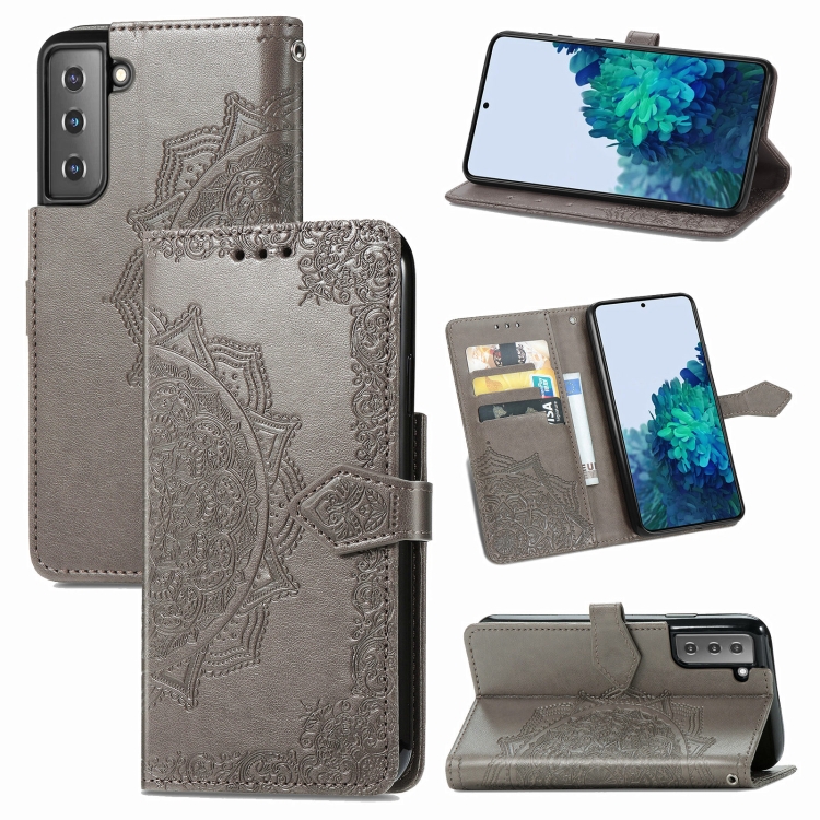 

For Samsung Galaxy S21 5G Mandala Flower Embossed Horizontal Flip Leather Case with Holder & Three Card Slots & Wallet & Lanyard(Grey)