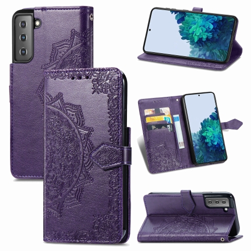 

For Samsung Galaxy S21 5G Mandala Flower Embossed Horizontal Flip Leather Case with Holder & Three Card Slots & Wallet & Lanyard(Purple)