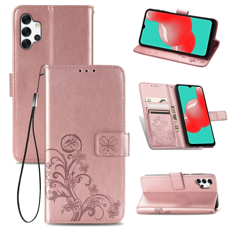 

Four-leaf Clasp Embossed Buckle Mobile Phone Protection Leather Case with Lanyard & Card Slot & Wallet & Bracket Function For Samsung Galaxy A32 5G(Rose Gold)