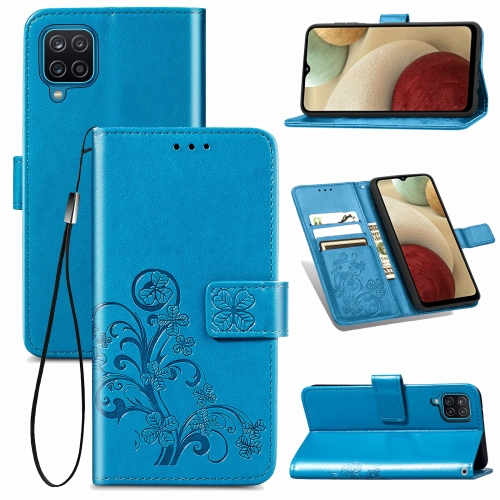 

Four-leaf Clasp Embossed Buckle Mobile Phone Protection Leather Case with Lanyard & Card Slot & Wallet & Bracket Function For Samsung Galaxy A12(Blue)