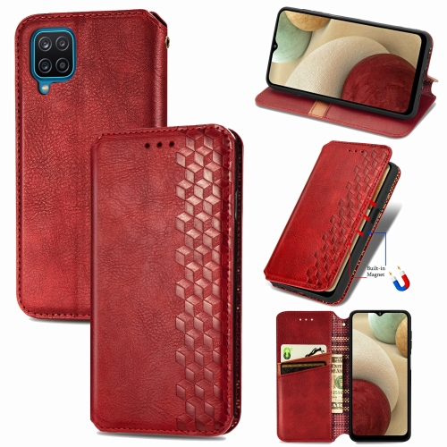 

For Samsung Galaxy A12 Cubic Grid Pressed Horizontal Flip Magnetic PU Leather Case with Holder & Card Slots & Wallet(Red)
