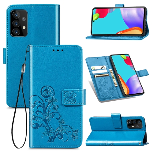 

For Samsung Galaxy A52 5G / 4G Four-leaf Clasp Embossed Buckle Mobile Phone Protection Leather Case with Lanyard & Card Slot & Wallet & Bracket Function(Blue)
