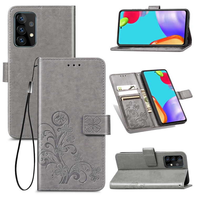 

For Samsung Galaxy A52 5G / 4G Four-leaf Clasp Embossed Buckle Mobile Phone Protection Leather Case with Lanyard & Card Slot & Wallet & Bracket Function(Gray)