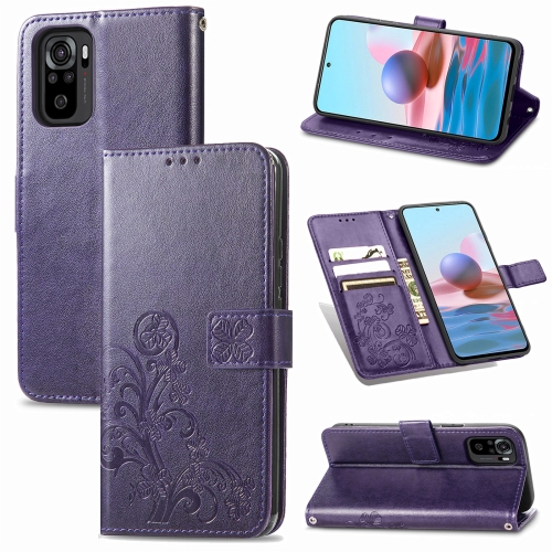 

For Xiaomi Redmi Note 10 4G Four-leaf Clasp Embossed Buckle Mobile Phone Protection Leather Case with Lanyard & Card Slot & Wallet & Bracket Function(Purple)