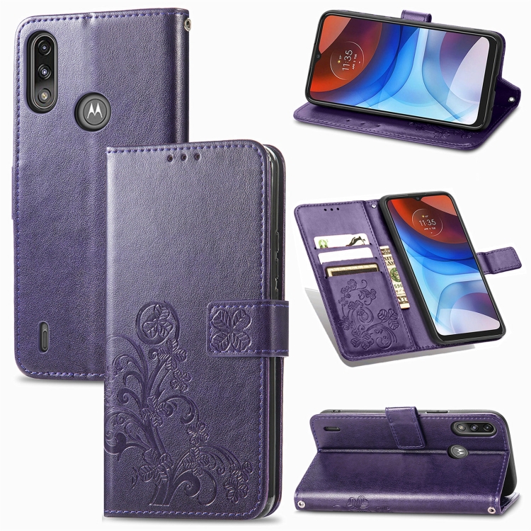 

For Motorola E7 Power Four-leaf Clasp Embossed Buckle Mobile Phone Protection Leather Case with Lanyard & Card Slot & Wallet & Bracket Function(Purple)