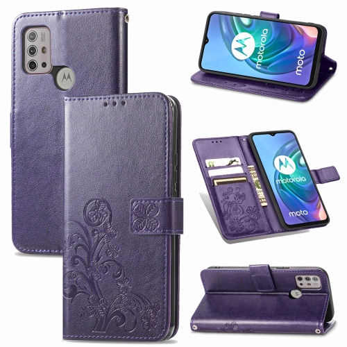 

For Motorola Moto G10 , G30 Four-leaf Clasp Embossed Buckle Mobile Phone Protection Leather Case with Lanyard & Card Slot & Wallet & Bracket Function(Purple)