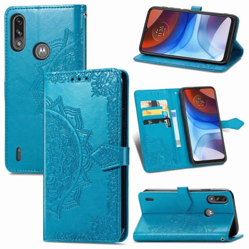 

For Motorola Moto E7 Power Mandala Flower Embossed Horizontal Flip Leather Case with Bracket / Card Slot / Wallet / Lanyard(Blue)