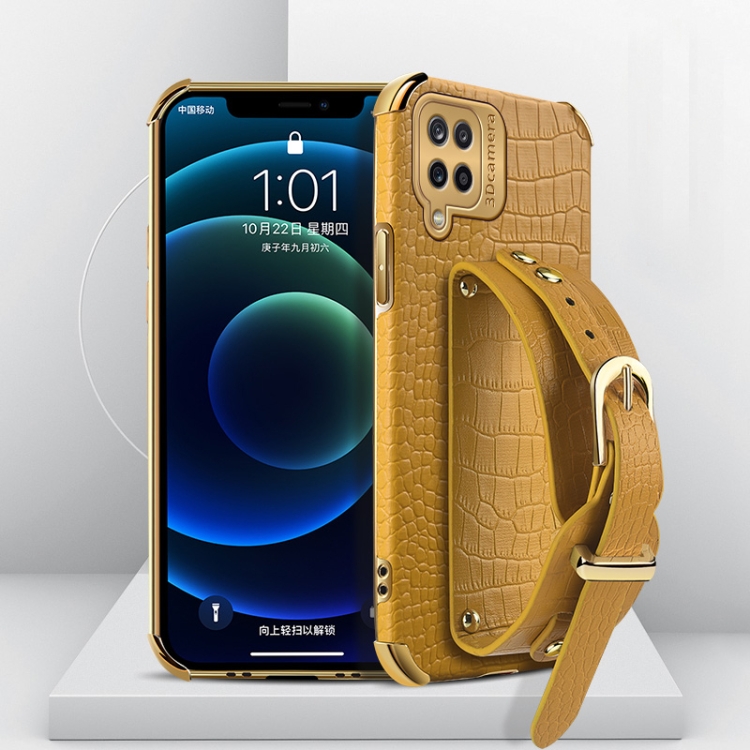 

For Samsung Galaxy A12 Electroplated TPU Crocodile Pattern Leather Case with Wrist Strap(Yellow)