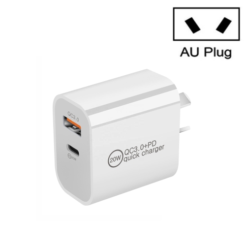 

TCS-20WACA Dual Fast Charging 20W PD3.0+QC 3.0 Interface Travel Charger for iPhone, Huawei, Samsung, Xiaomi, AU Plug