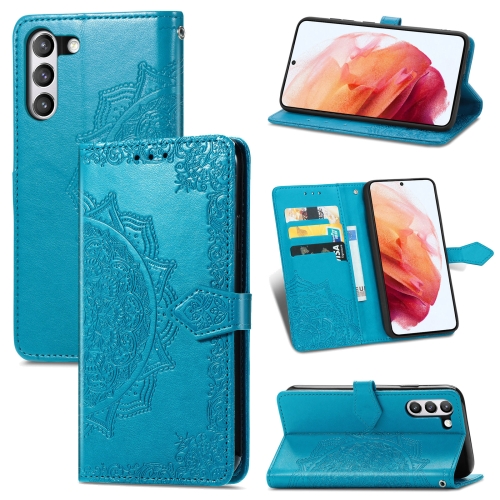 

For Samsung Galaxy S21 FE Halfway Mandala Embossing Pattern Horizontal Flip Leather Case with Holder & Card Slots & Wallet & Lanyard(Blue)