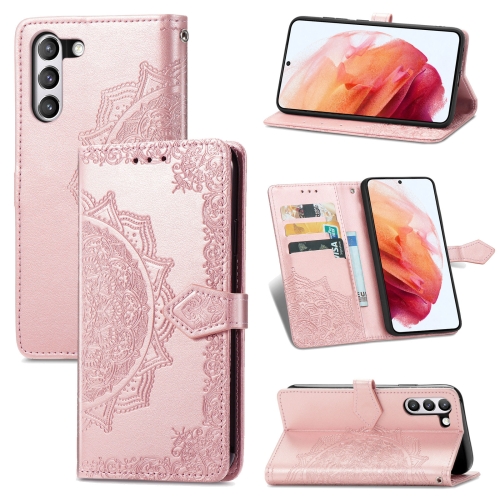 

For Samsung Galaxy S21 FE Halfway Mandala Embossing Pattern Horizontal Flip Leather Case with Holder & Card Slots & Wallet & Lanyard(Rose Gold)