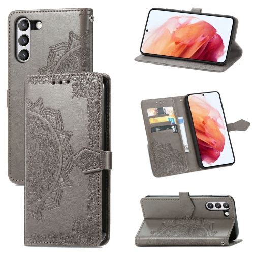 

For Samsung Galaxy S21 FE Halfway Mandala Embossing Pattern Horizontal Flip Leather Case with Holder & Card Slots & Wallet & Lanyard(Grey)