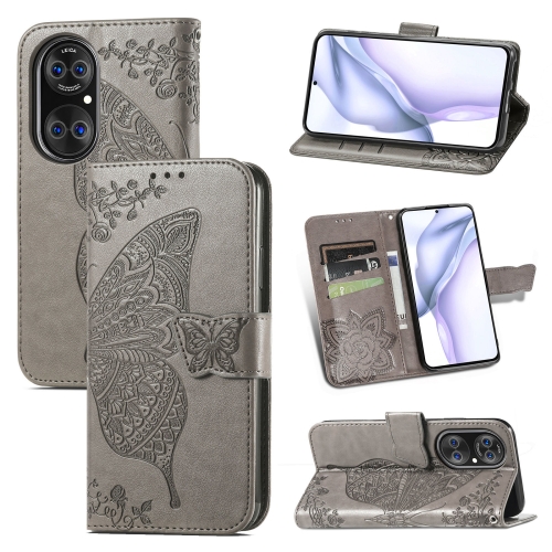 

For Huawei P50 Butterfly Love Flowers Embossed Horizontal Flip Leather Case with Holder & Card Slots & Wallet & Lanyard(Gray)