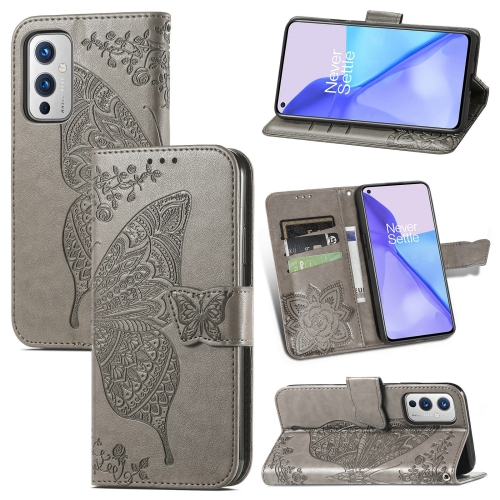 

For OnePlus 9 Butterfly Love Flowers Embossed Horizontal Flip Leather Case with Holder & Card Slots & Wallet & Lanyard(Gray)