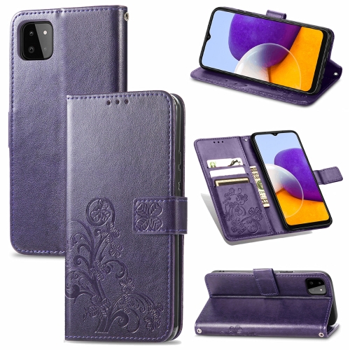 

For Samsung Galaxy A22 5G Four-leaf Clasp Embossed Buckle Mobile Phone Protection Leather Case with Lanyard & Card Slot & Wallet & Bracket Function(Purple)