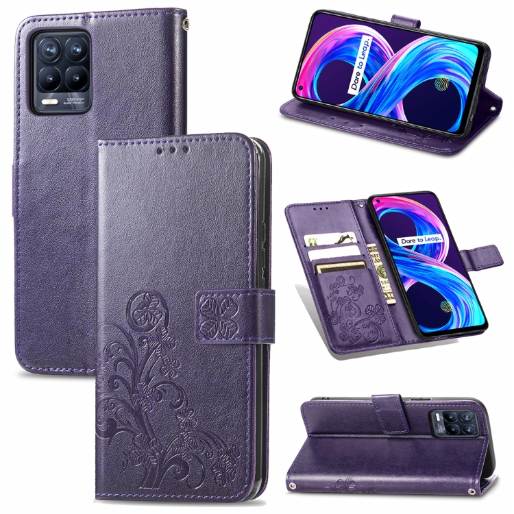 

For OPPO Realme 8 / 8 Pro Four-leaf Clasp Embossed Buckle Mobile Phone Protection Leather Case with Lanyard & Card Slot & Wallet & Bracket Function(Purple)