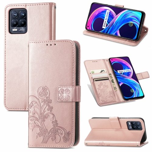 

For OPPO Realme 8 5G / Realme V13 5G Four-leaf Clasp Embossed Buckle Mobile Phone Protection Leather Case with Lanyard & Card Slot & Wallet & Bracket Function(Rose Gold)