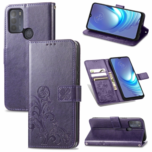 

For Motorola Moto G50 Four-leaf Clasp Embossed Buckle Mobile Phone Protection Leather Case with Lanyard & Card Slot & Wallet & Bracket Function(Purple)