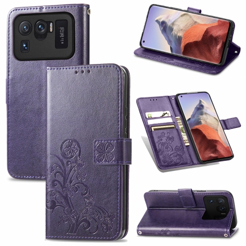 

For Xiaomi Mi 11 Ultra Four-leaf Clasp Embossed Buckle Mobile Phone Protection Leather Case with Lanyard & Card Slot & Wallet & Bracket Function(Purple)