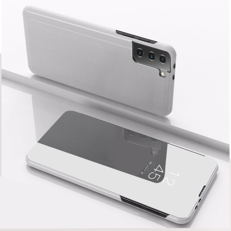 

For Samsung Galaxy S21 FE Plated Mirror Horizontal Flip Leather Case with Holder(Silver)
