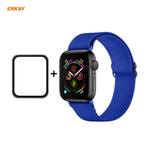 

For Apple Watch Series 6 / 5 / 4 / SE 44mm Hat-Prince ENKAY 2 in 1 Adjustable Flexible Polyester Watch Band + Full Screen Full Glue PMMA Curved HD Screen Protector(Royal Blue)