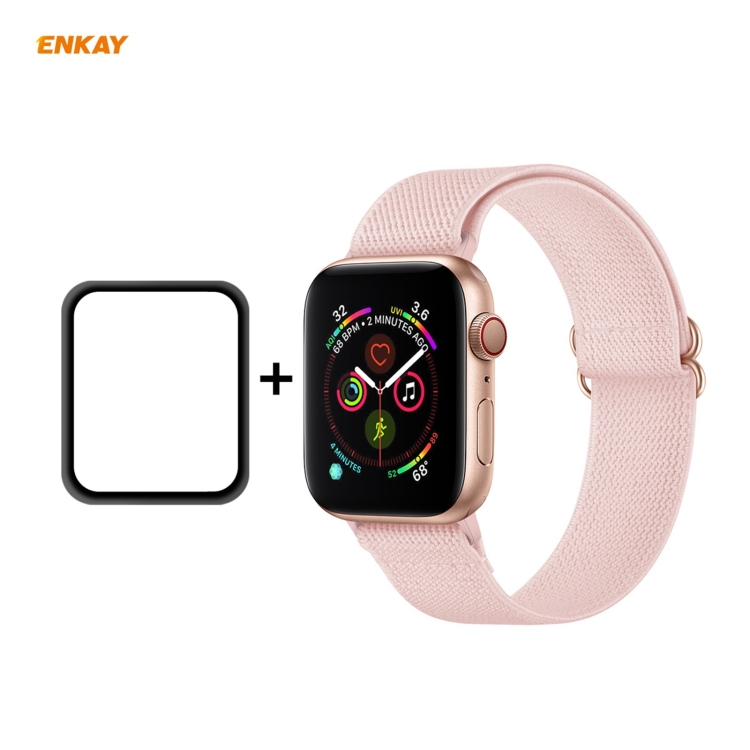 SUNSKY - Para Apple Watch Series 6/5/4 / SE 44mm Hat-Prince Enkay 2 en 1  Banda de reloj de poliéster flexible ajustable + Pantalla completa  Pegamento completo PMMA Curved HD Protector de pantalla (rosa claro)
