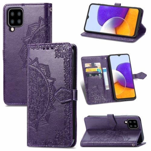 

For Samsung Galaxy A22 4G Mandala Embossing Pattern Horizontal Flip Leather Case with Holder & Card Slots & Wallet & Lanyard(Purple)