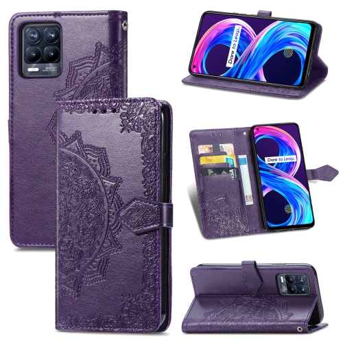 

For OPPO Realme 8 5G / Realme V13 5G Mandala Embossing Pattern Horizontal Flip Leather Case with Holder & Card Slots & Wallet & Lanyard(Purple)