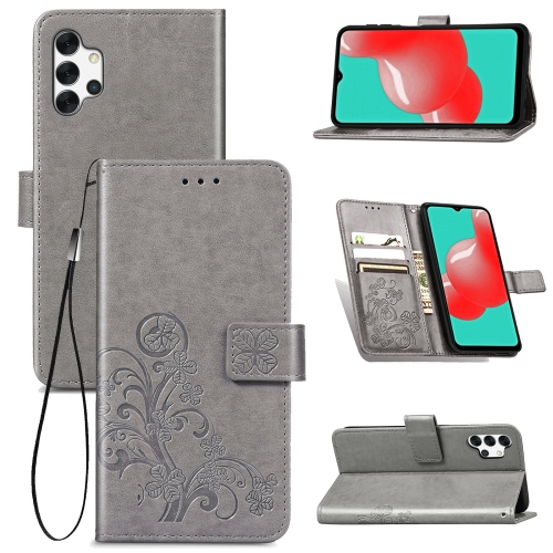 

For Samsung Galaxy A32 4G Four-leaf Clasp Embossed Buckle Mobile Phone Protection Leather Case with Lanyard & Card Slot & Wallet & Bracket Function(Gray)