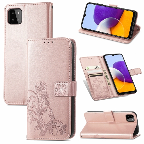 

For Samsung Galaxy A22 4G Four-leaf Clasp Embossed Buckle Mobile Phone Protection Leather Case with Lanyard & Card Slot & Wallet & Bracket Function(Rose Gold)