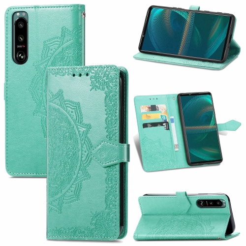 

For Sony Xperia 5 III Mandala Flower Embossed Horizontal Flip Leather Case with Bracket / Card Slot / Wallet / Lanyard(Green)