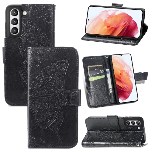 

For Samsung Galaxy S21 FE Butterfly Love Flowers Embossed Horizontal Flip Leather Case with Holder & Card Slots & Wallet & Lanyard(Black)