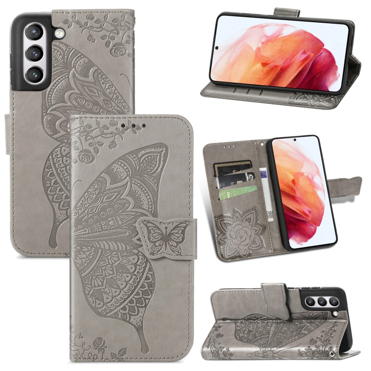 

For Samsung Galaxy S21 FE Butterfly Love Flowers Embossed Horizontal Flip Leather Case with Holder & Card Slots & Wallet & Lanyard(Grey)