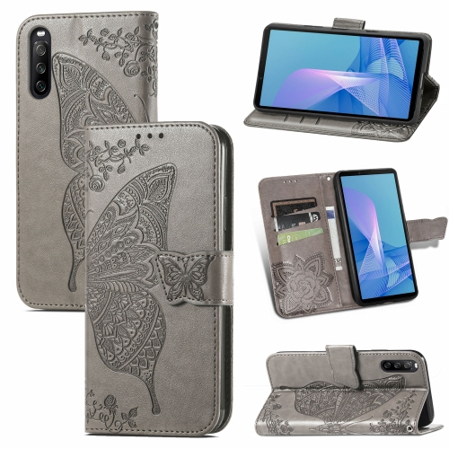 

For Sony Xperia 10 III Butterfly Love Flowers Embossed Horizontal Flip Leather Case with Holder & Card Slots & Wallet & Lanyard(Grey)