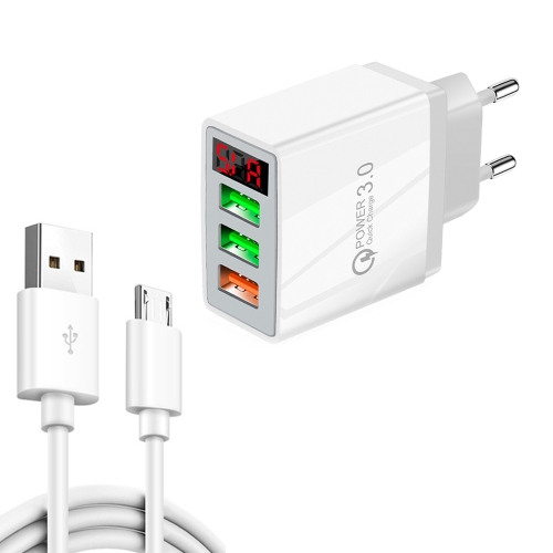 

QC-07A QC3.0 3USB LED Digital Display Fast Charger + USB to Micro USB Data Cable, EU Plug(White)