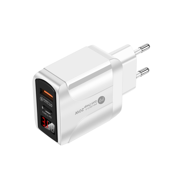 

PD001 5A PD3.0 20W + QC3.0 USB Fast Charger with LED Digital Display, EU Plug(White)