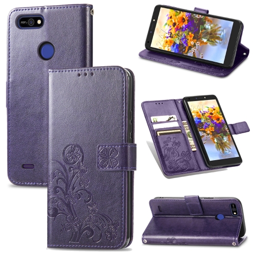 

For Tecno POP 2F Four-leaf Clasp Embossed Buckle Mobile Phone Protection Leather Case with Lanyard & Card Slot & Wallet & Bracket Function(Purple)