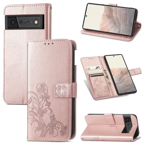 

For Google Pixel 6 Pro Four-leaf Clasp Embossed Buckle Mobile Phone Protection Leather Case with Lanyard & Card Slot & Wallet & Bracket Function(Rose Gold)