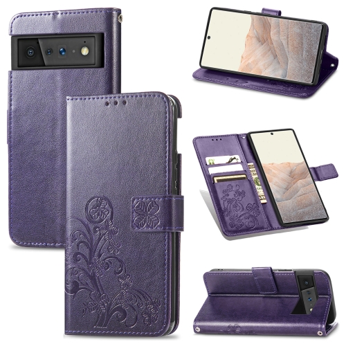 

For Google Pixel 6 Pro Four-leaf Clasp Embossed Buckle Mobile Phone Protection Leather Case with Lanyard & Card Slot & Wallet & Bracket Function(Purple)