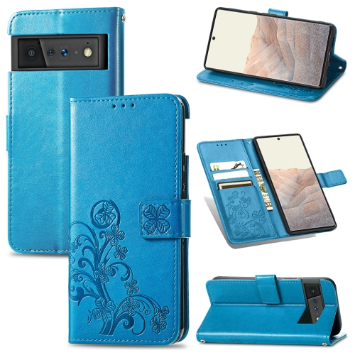 

For Google Pixel 6 Pro Four-leaf Clasp Embossed Buckle Mobile Phone Protection Leather Case with Lanyard & Card Slot & Wallet & Bracket Function(Blue)